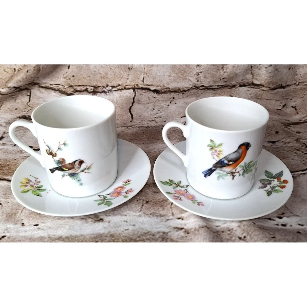 Pair of‎ Vintage Discontinued 80's Mottahedeh 8502 Aviary Pattern Cups & Saucers